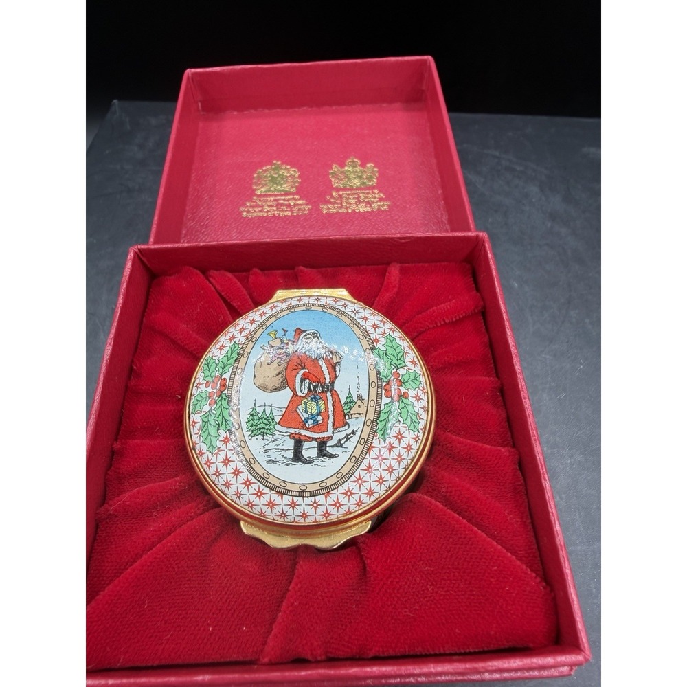 🎄 Halcyon Days Enamels 1984 Christmas Trinket Box – Santa – Vintage – EUC ✨